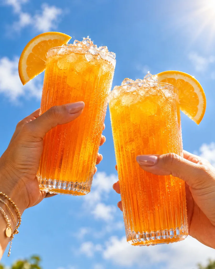Dois copos de Beef Protein com gelo e laranja brindando sob o céu azul