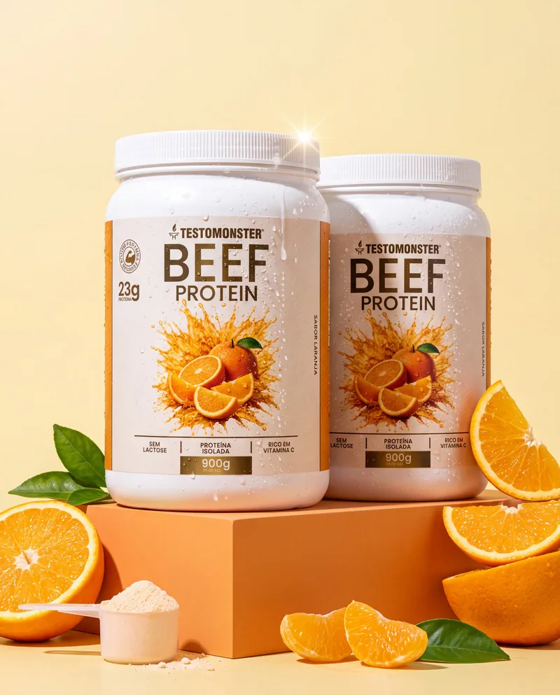 Dois potes de Beef Protein com laranjas