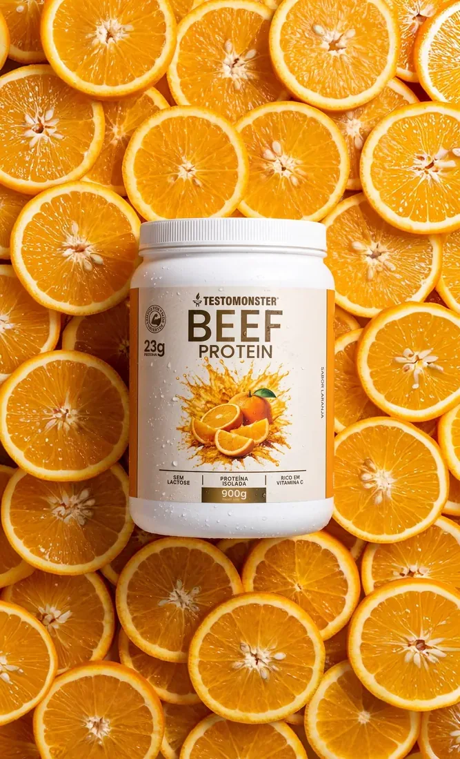 Pote de Beef Protein sobre fatias de laranja